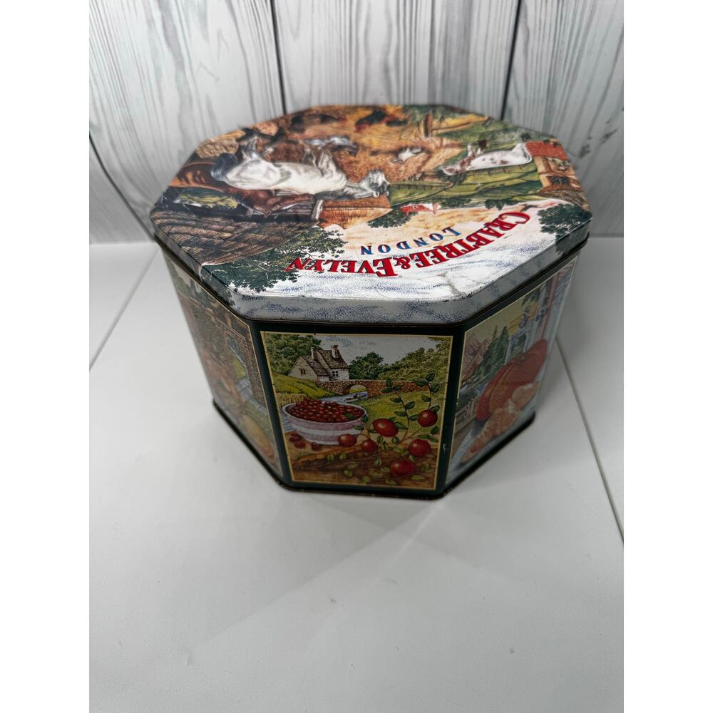 Vintage 1985 Crabtree and Evelyn Octagon Tin Farm Horse Chicken Tall Round - Picture 4 of 12